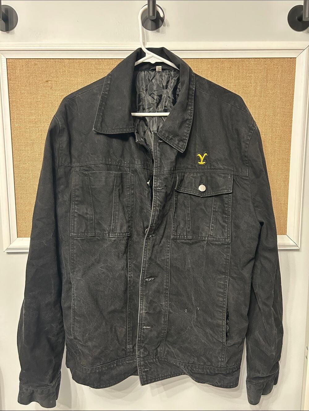 Men's Black Washed Cotton Jacket with Yellow Emblem